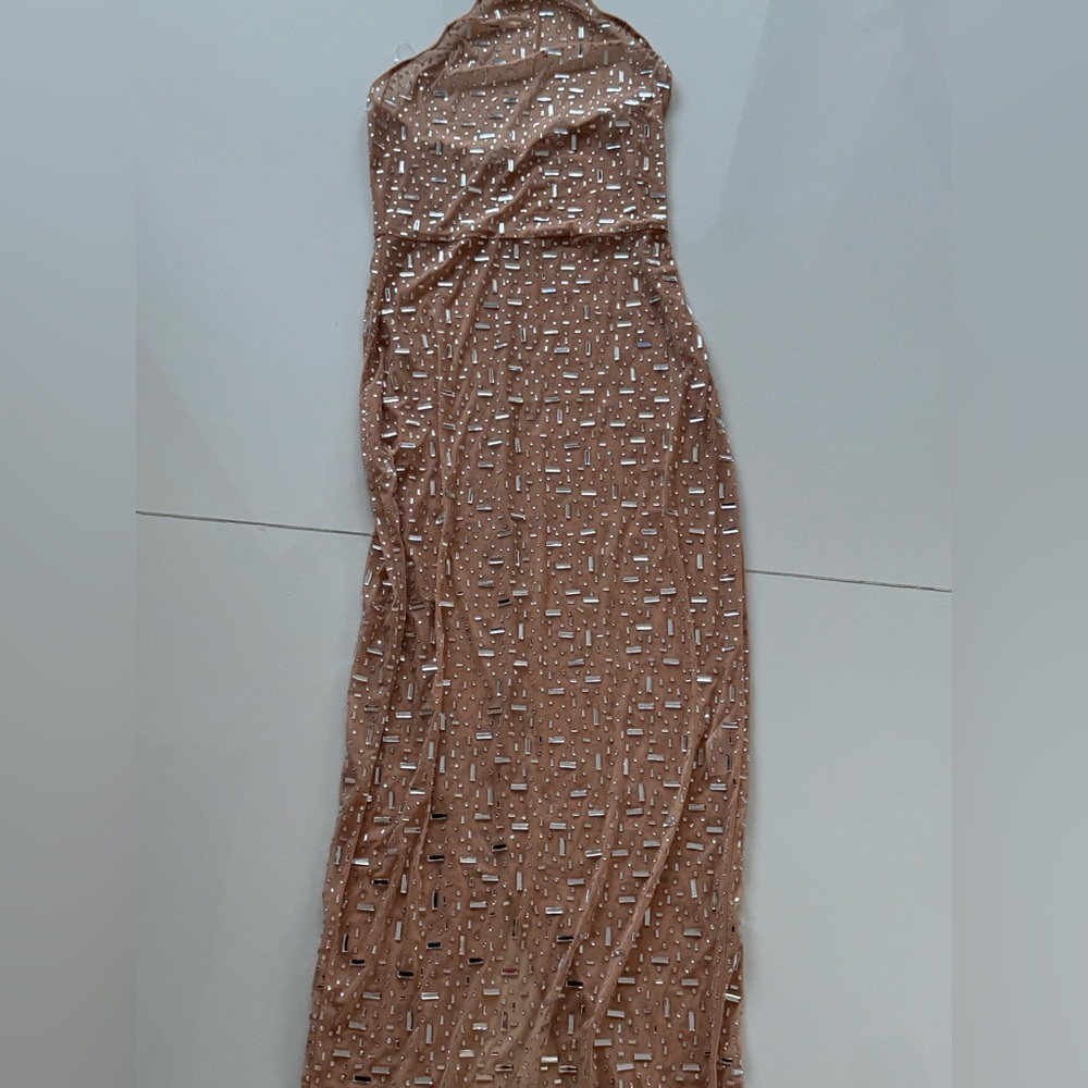 Nude mesh embellished halter gown - Picture 2 of 6